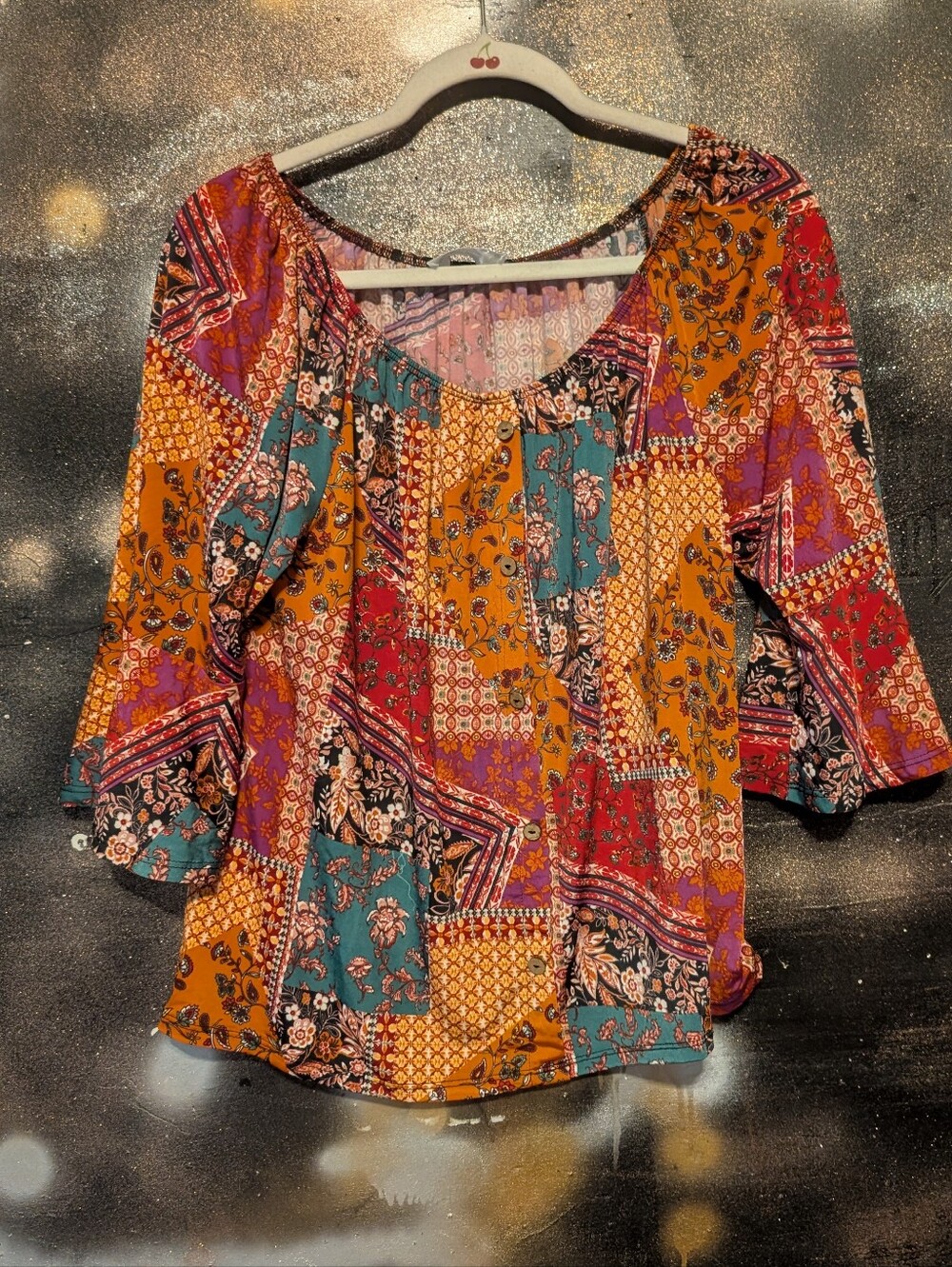 Boho Patchwork Peasant Top - Multicolor